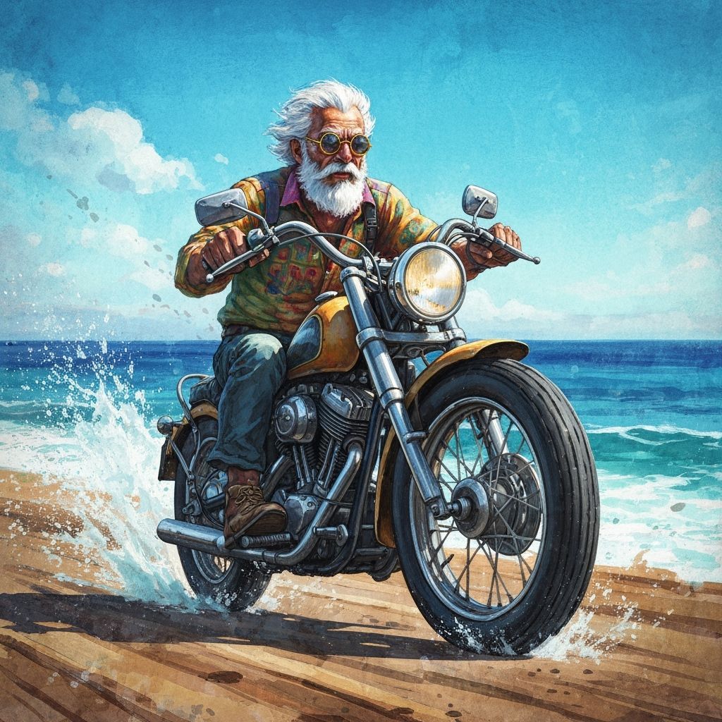 Whimsical Biker Rides Motorcycle on Sunny Coast