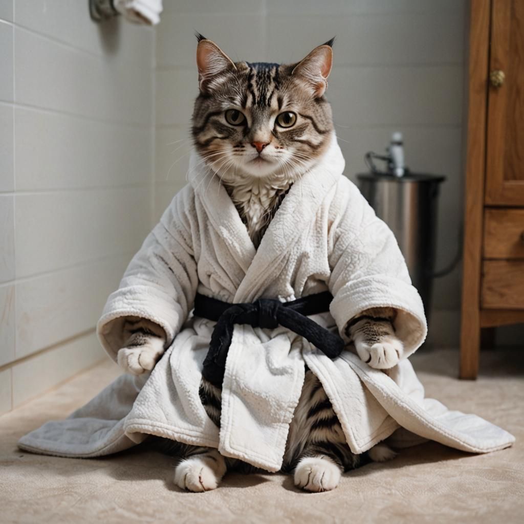 Cute Cat Freezing in Bathrobe, Unreal Scene