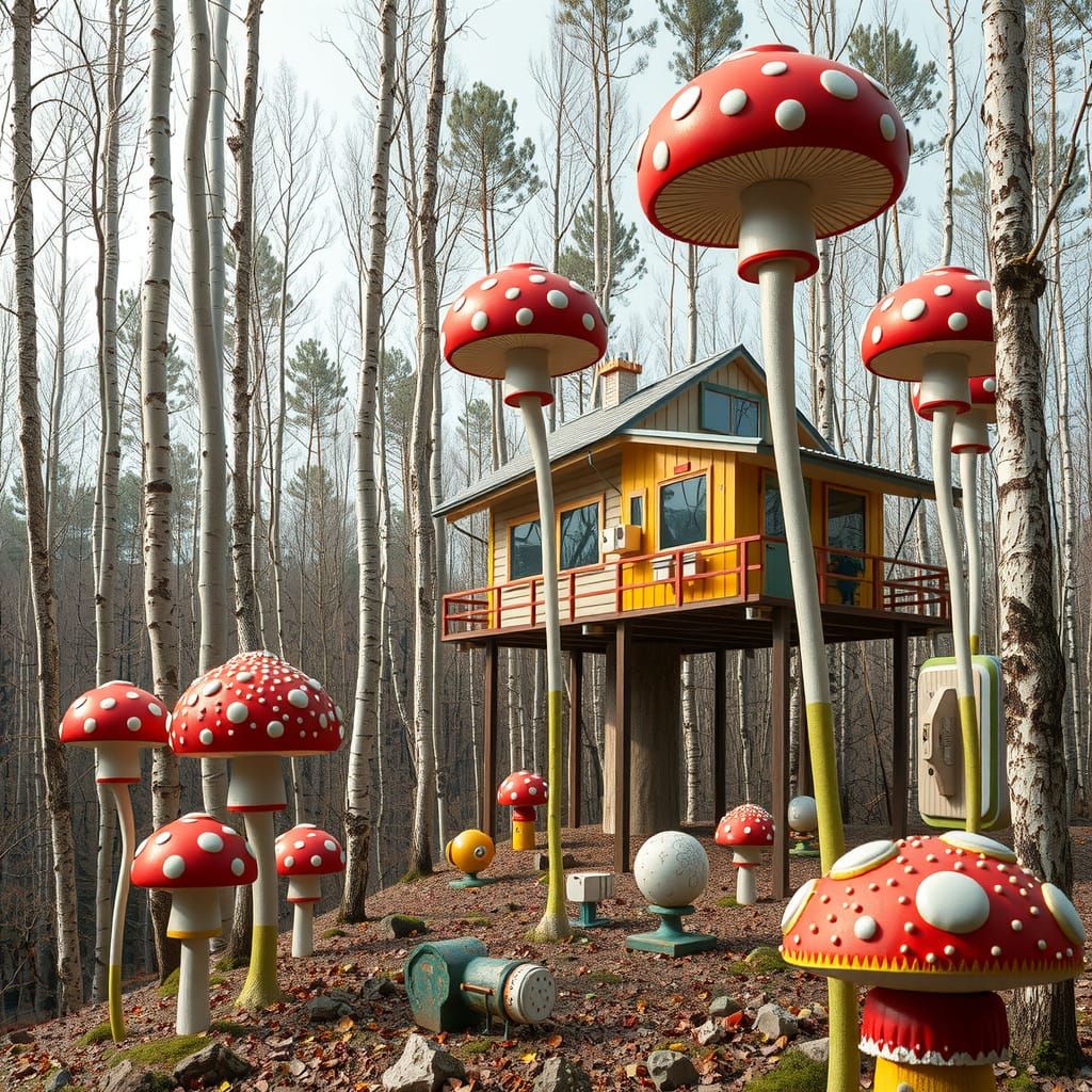 Vibrant Forest Encounter in Whimsical Modernist Style