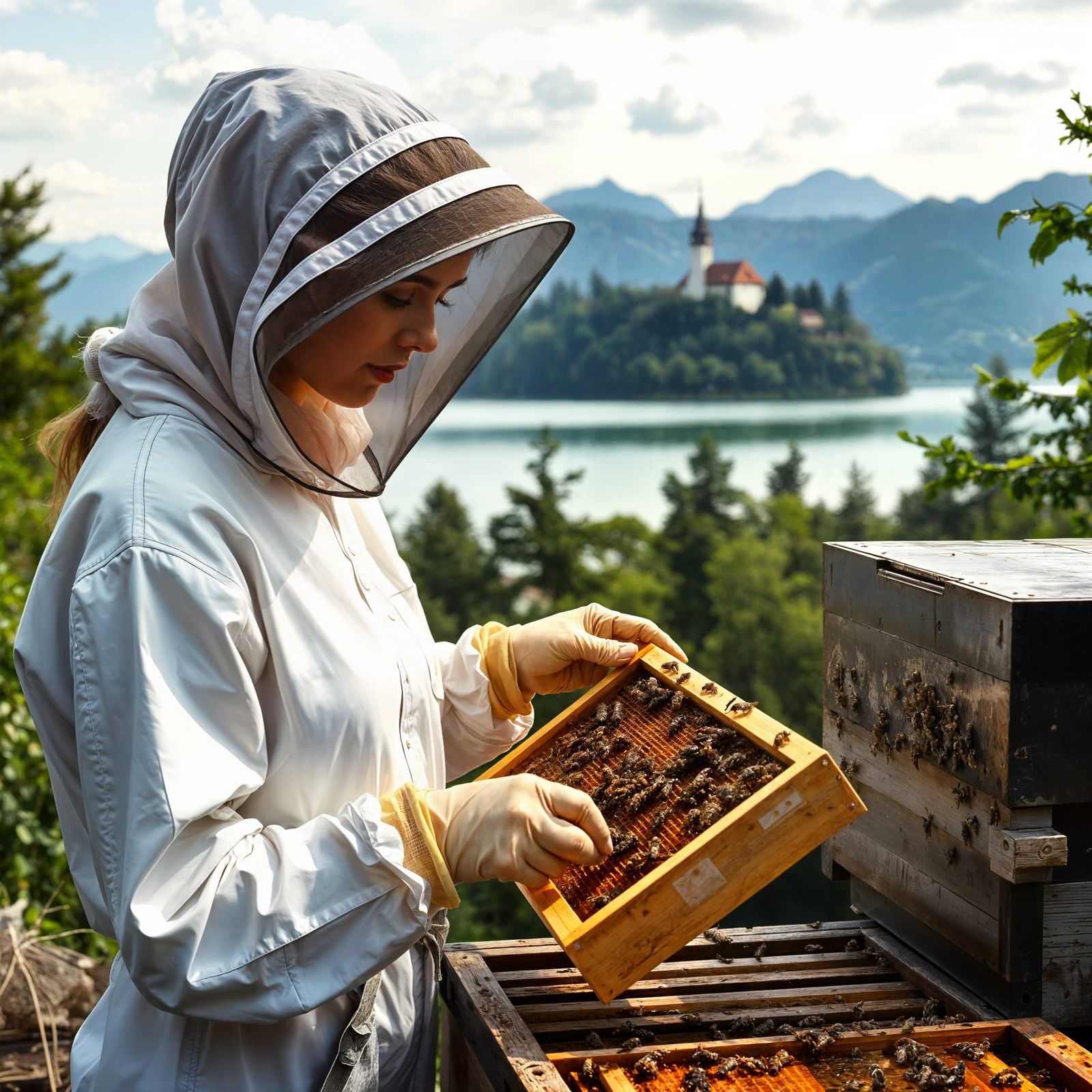 Slovenian Beekeeper Tending to Lake Bled Honeycombs in Idyll...