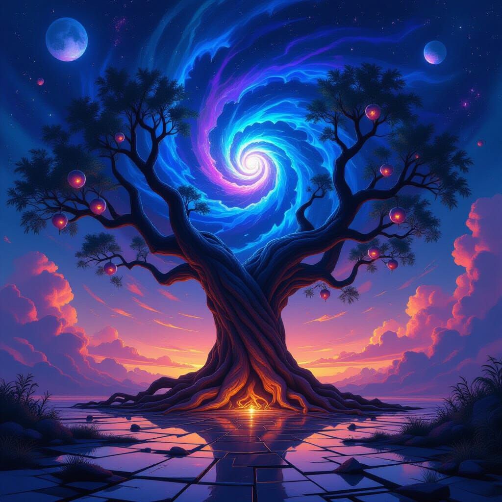 Ancient Tree with Vortex Sky and Ethereal Fruit