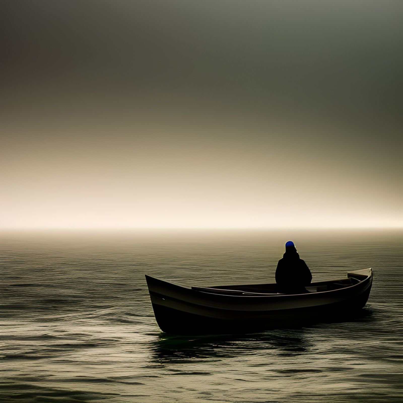 Lonely Man in Fog on Ocean: Oil Painting