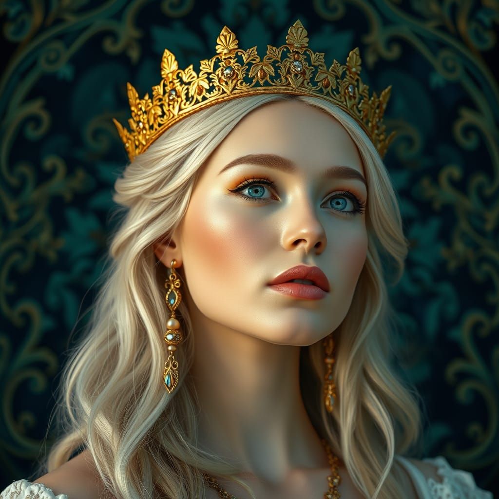 Ethereal Fantasy Queen with Golden Crown and Jewels