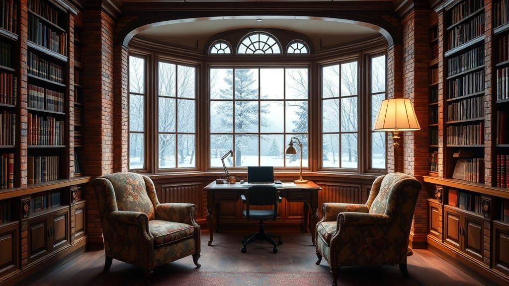 Cozy Victorian Library with Winter View