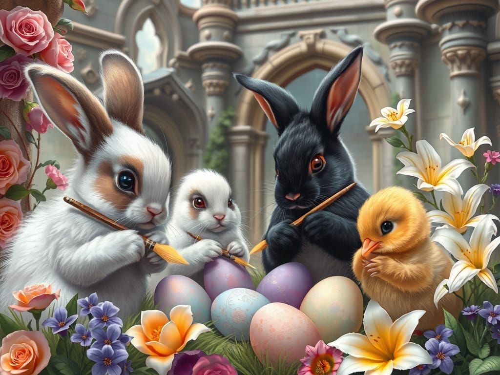 Easter Bunnies Painting Eggs in Fairytale Landscape