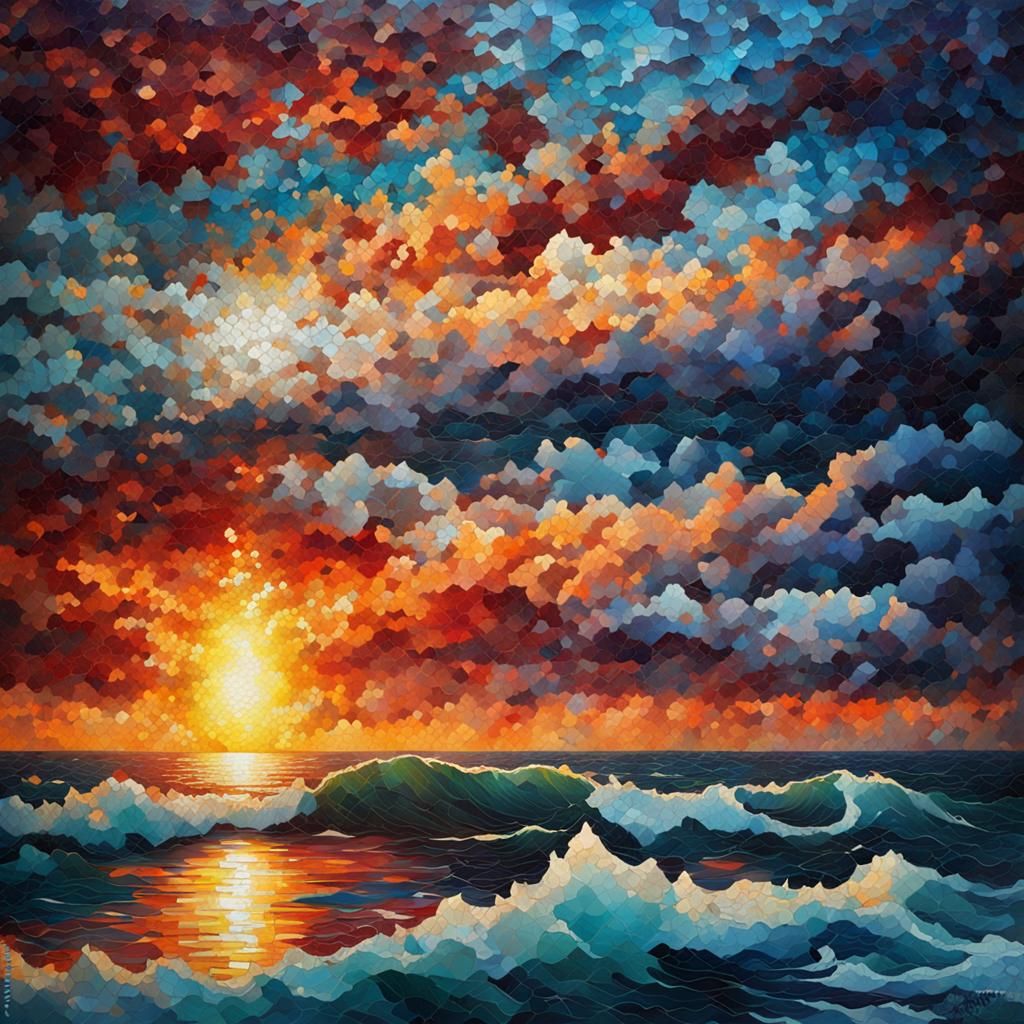 Mosaic Sea Landscape in Hyperrealistic Style