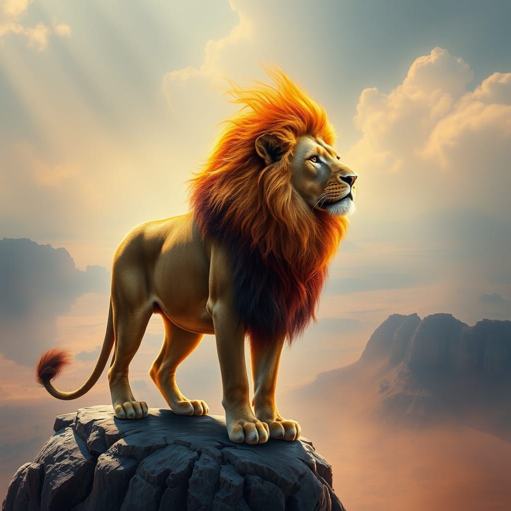 Majestic Lion with Fiery Mane Overlooking Savanna
