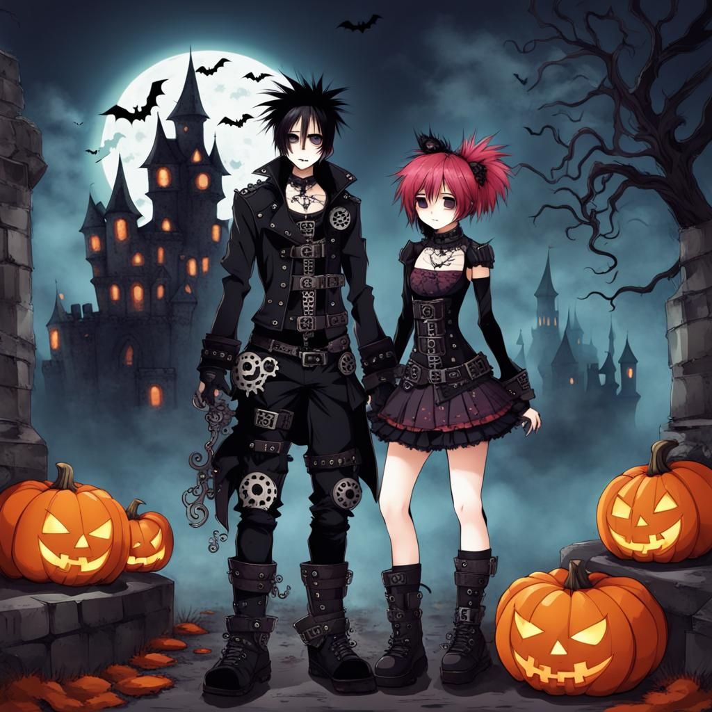halloween anime punk goth guy and girl together at haunted castle with cogs gears ⚙️