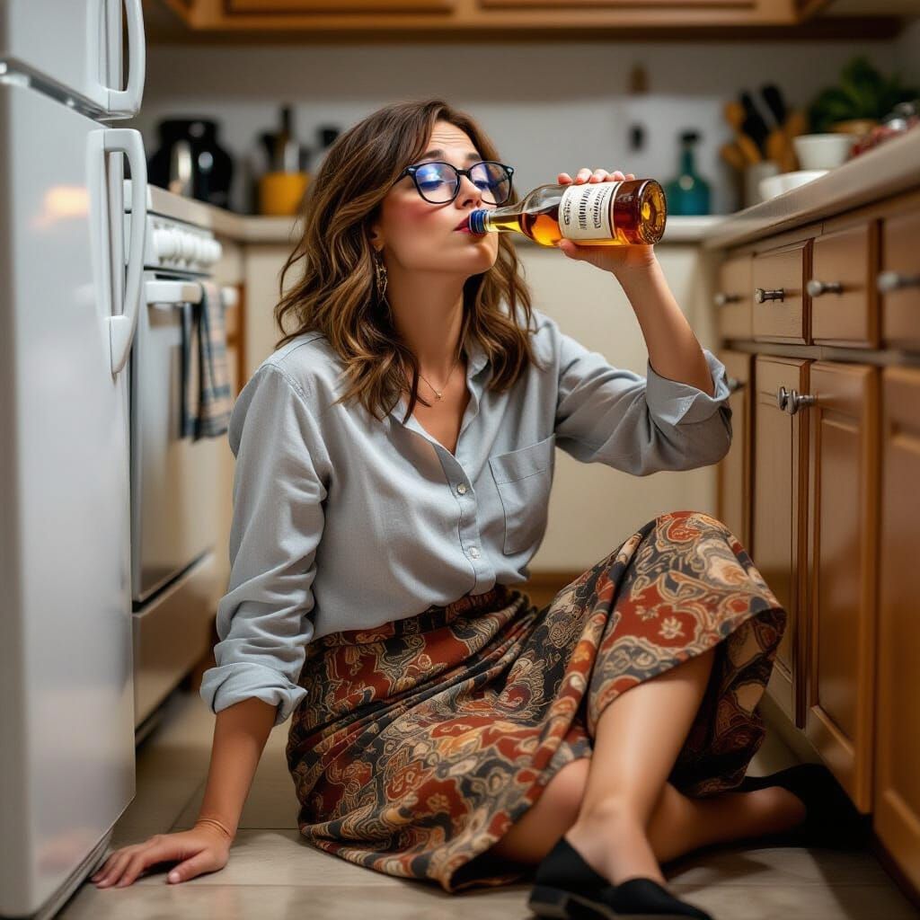 Intoxicated Woman Staggers into Kitchen to Drink Whiskey