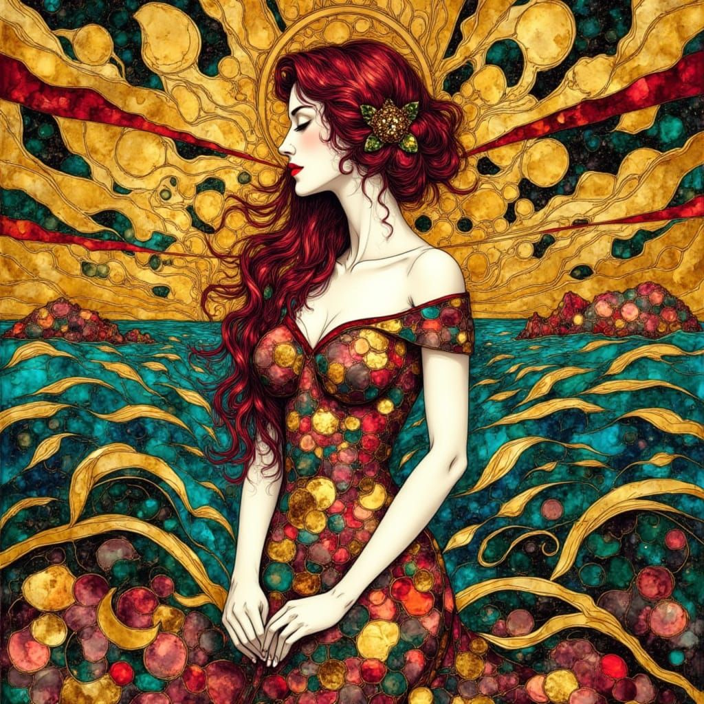 Ocean Goddess in Gold, Teal and Crimson Klimt Style