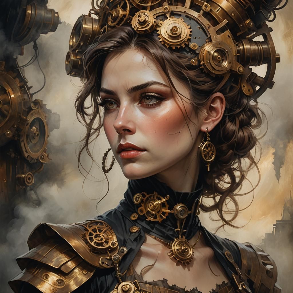 Steampunk Woman Portrait with Gear Earrings