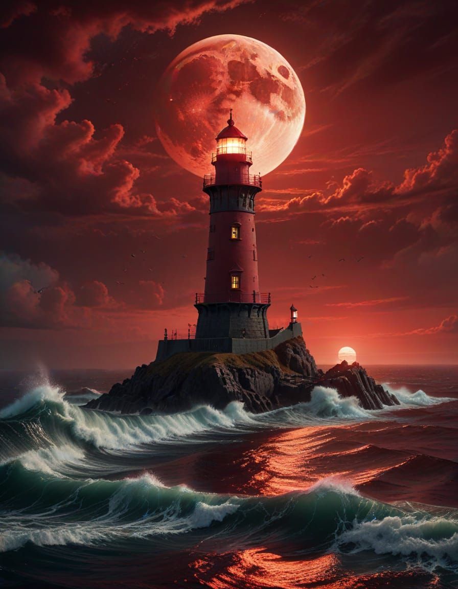 Deep Red Lighthouse Over Crimson Sea Under Crimson Moon