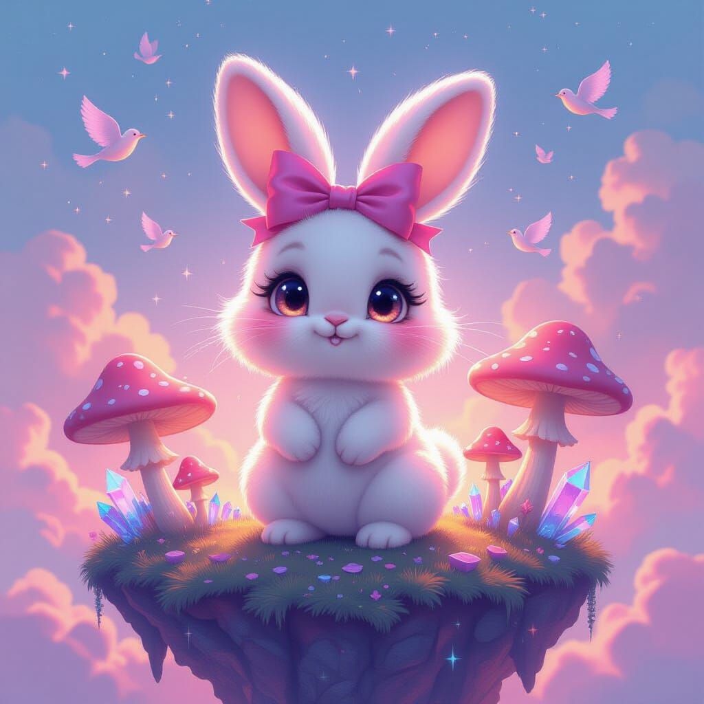 Fluffy Nebula Bunny on Floating Island in Dreamlike Style