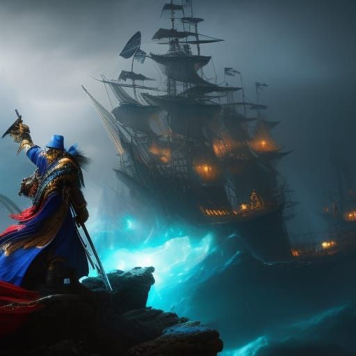 Epic Blue Pirate Ships in Dark Fantasy Art