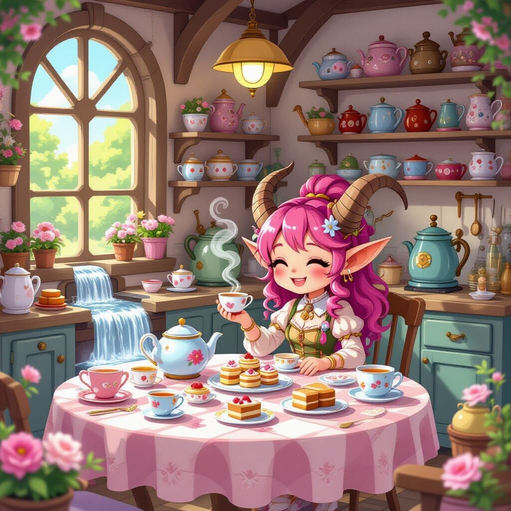 Tiefling Artificer's Kawaii Tea Party in Whimsical Workshop
