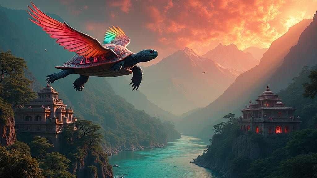 Mystical Landscape with Winged Turtle and Cosmic Temples