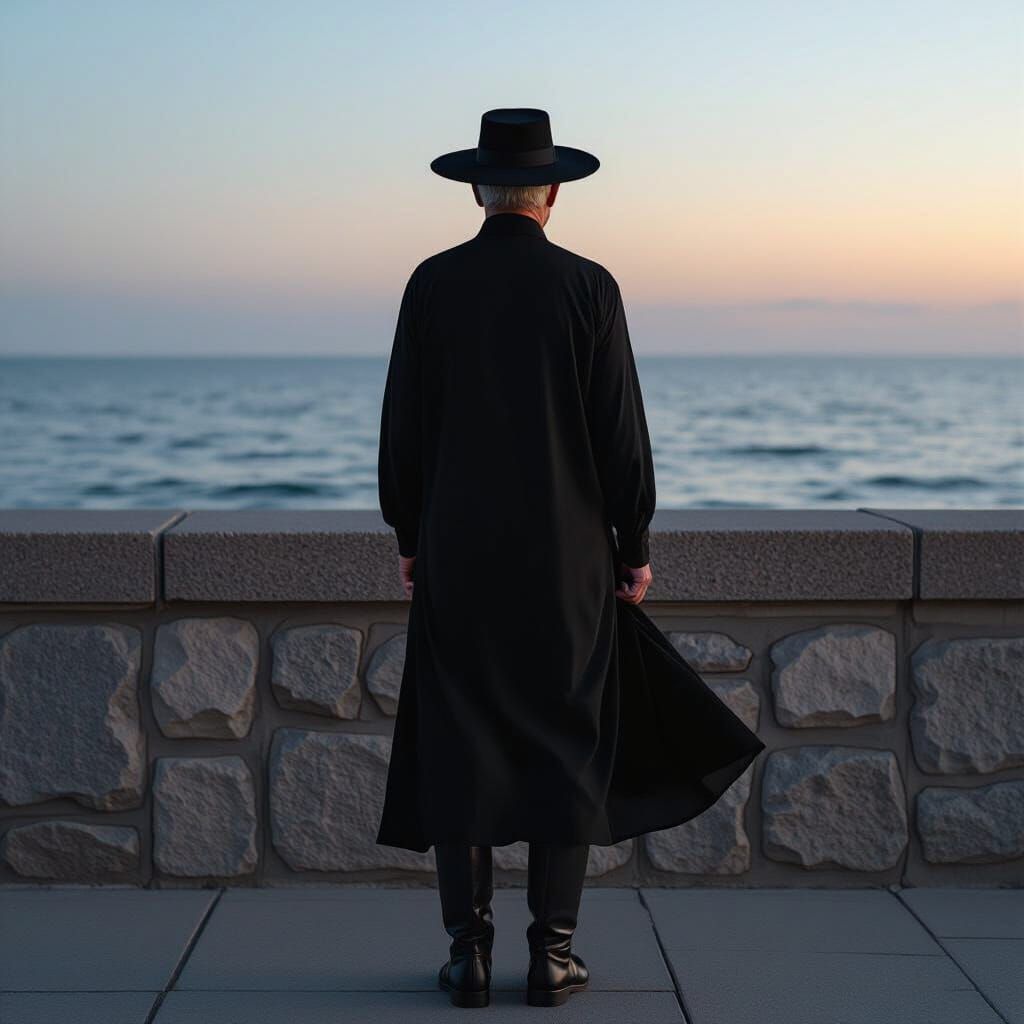 Elderly Man in Matrix-Style Blouse at Dusk Seawall