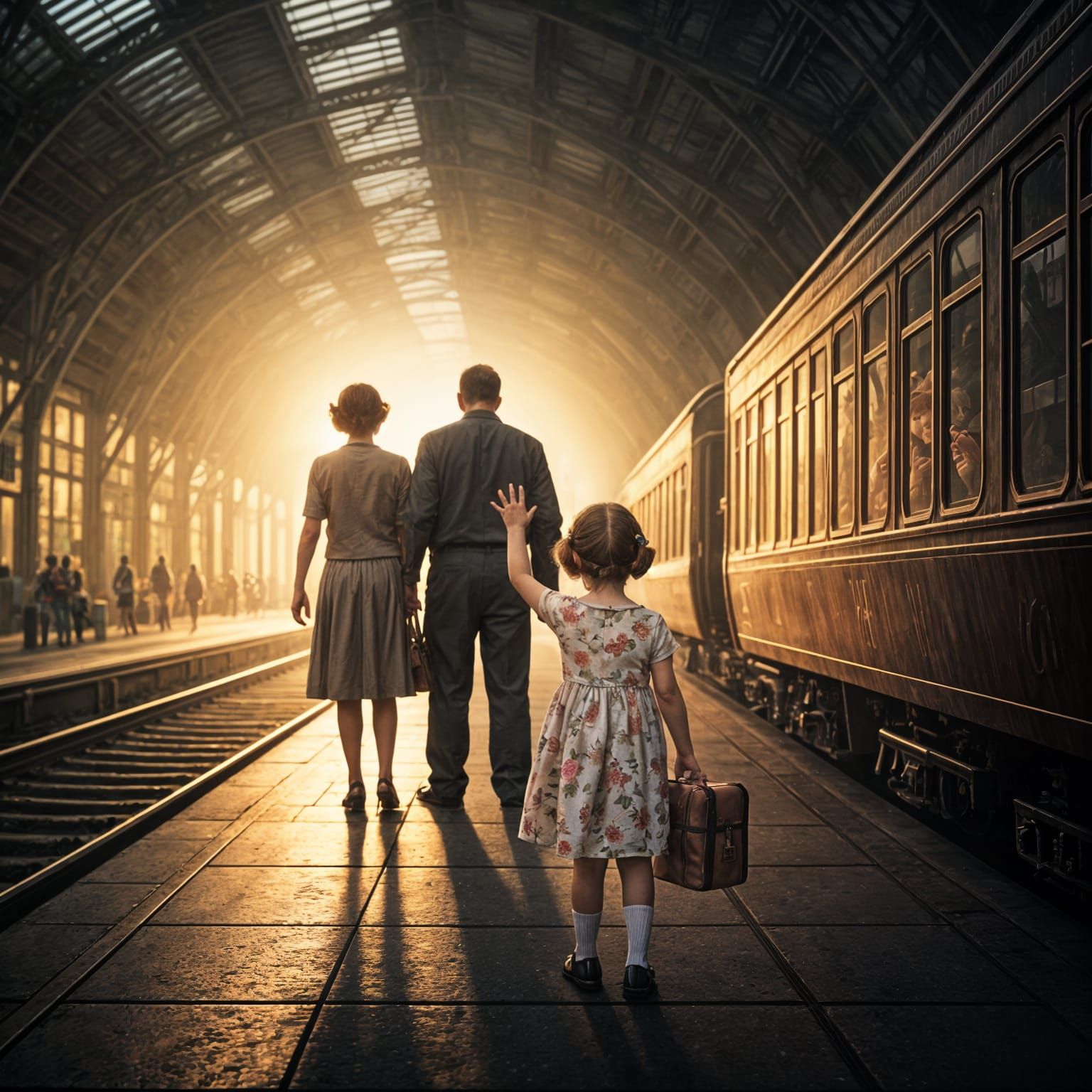 A Young Girl Waves Farewell to Her Tearful Parents on a Vint...