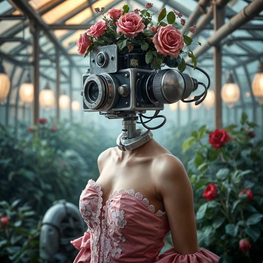 Cyberpunk Botanical Goddess with Camera Head