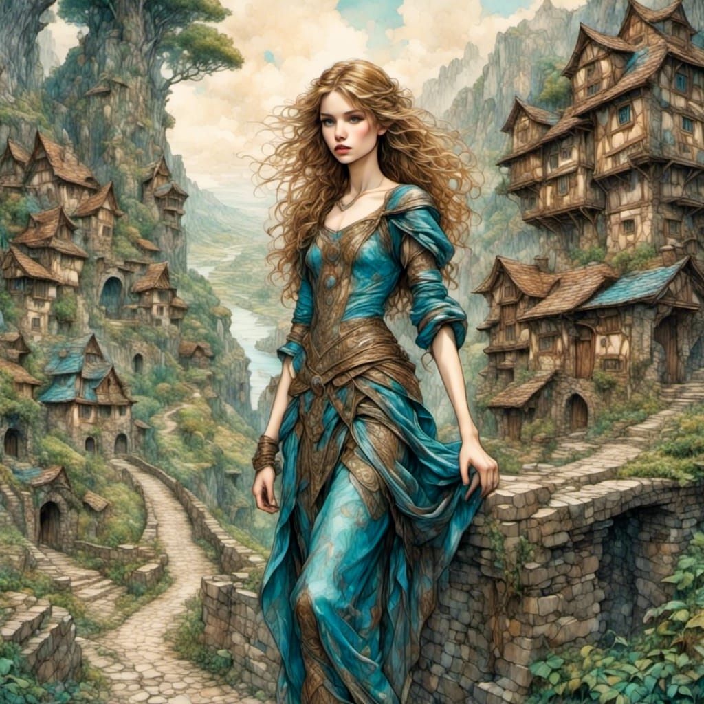 Beautiful Giantess Striding Down Fantasy Road