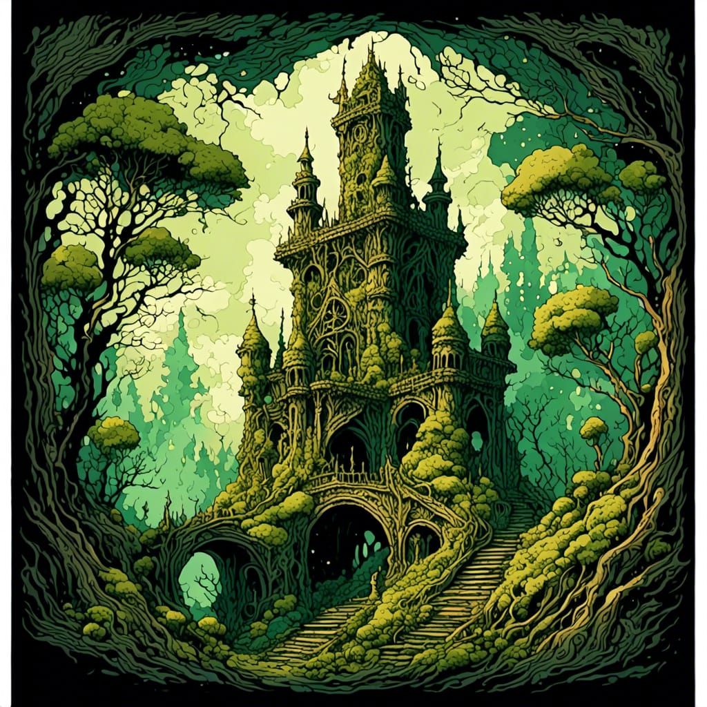 Mossy Tower Tapestry in Retro Hand-Drawn Style