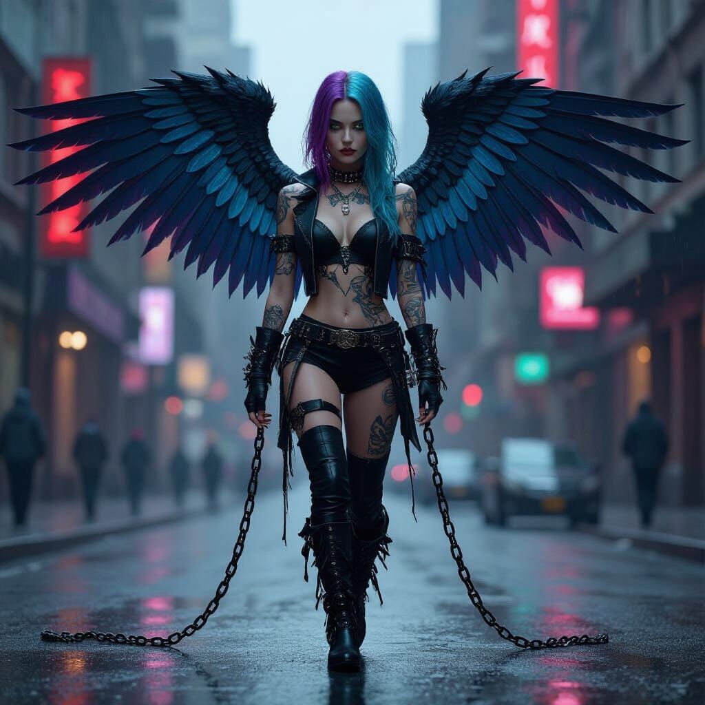 Cyberpunk Angel Walking in Rainy Cityscape