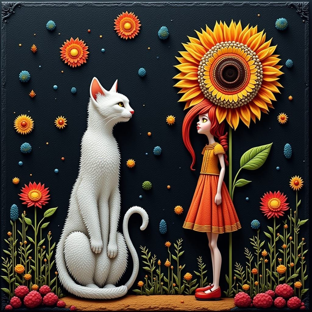 Whimsical Cat and Girl in Bas Relief Chalk Art