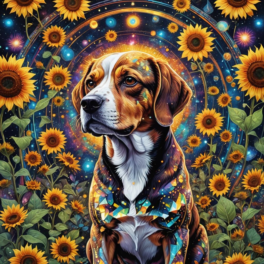 Cosmic Sunflower Beagle in Holographic Astral Illustration