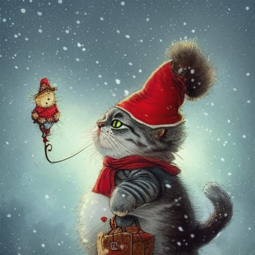 Cute Cat in Santa Hat, Christmas Scene
