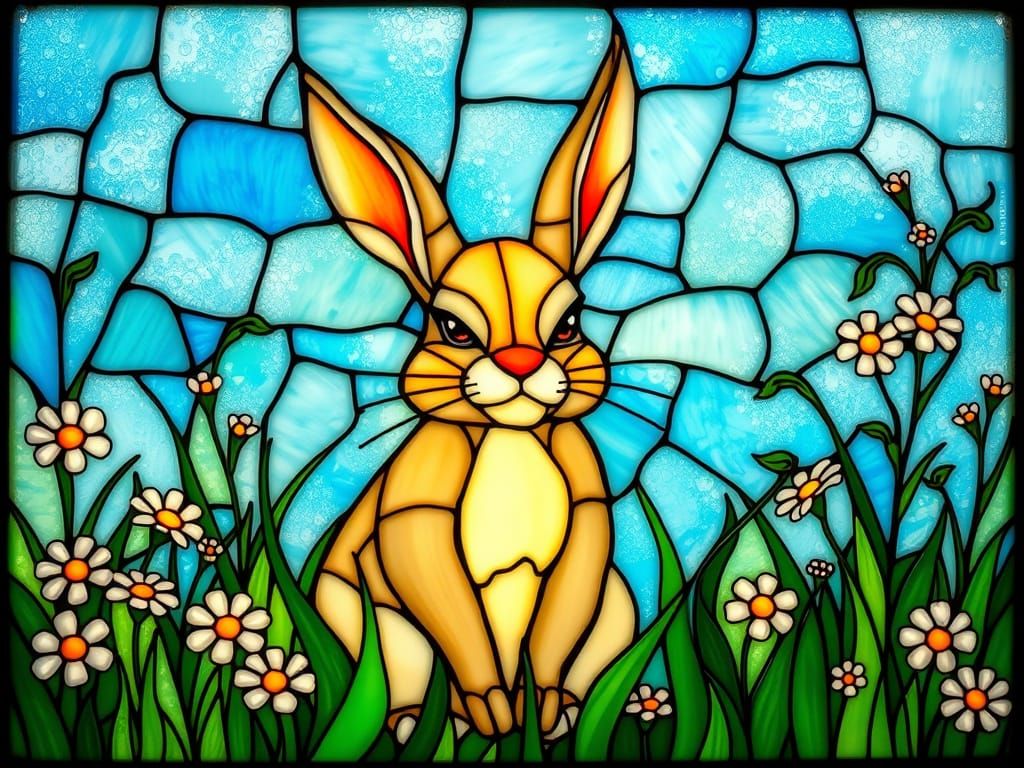 Stained Glass Grumpy Bunny in Art Nouveau Style