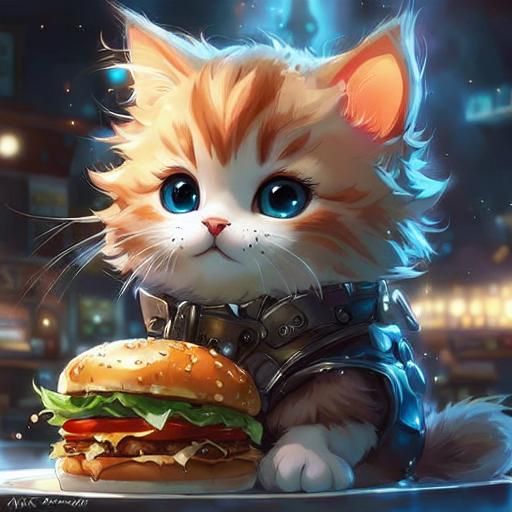 Whimsical Chibi Kitten as Avocado in Restaurant