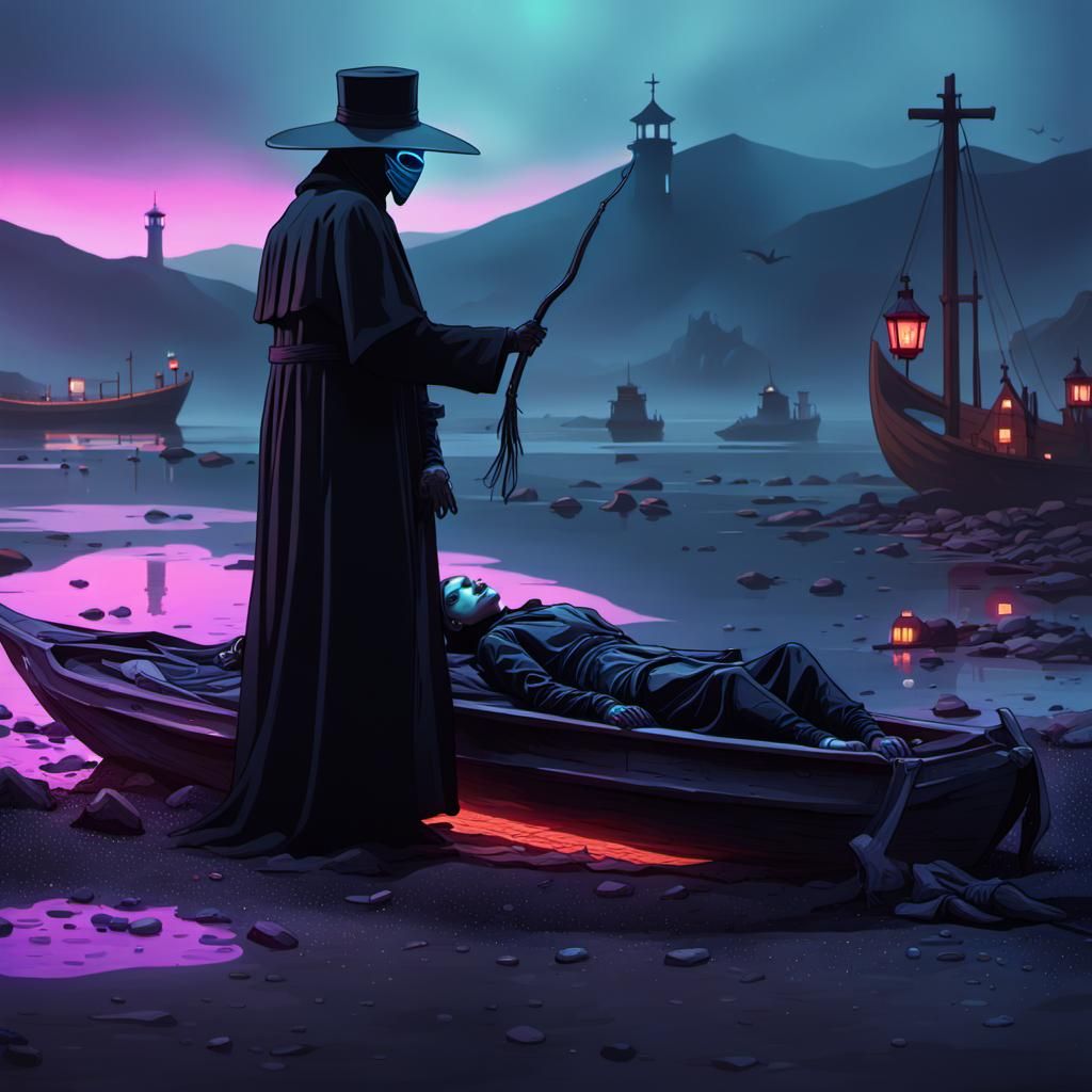 Cyberpunk Plague Doctor Last Rites in Neon Venice