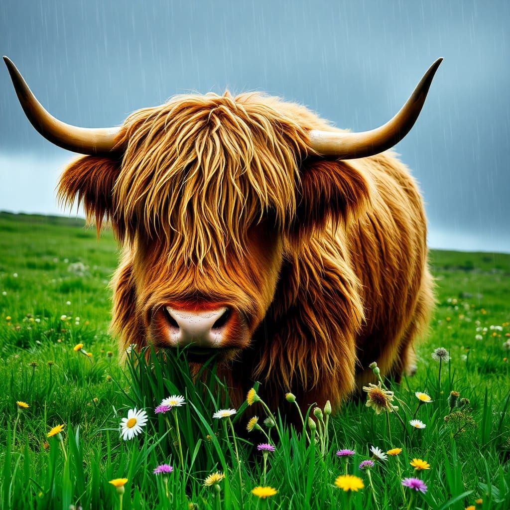Highland Cow in Emerald Field: Neo-Cubist Raining Scene
