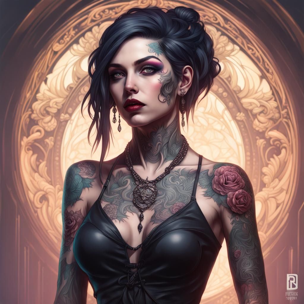 Gothic Tattooed Woman Portrait in Hyperdetailed Art Style