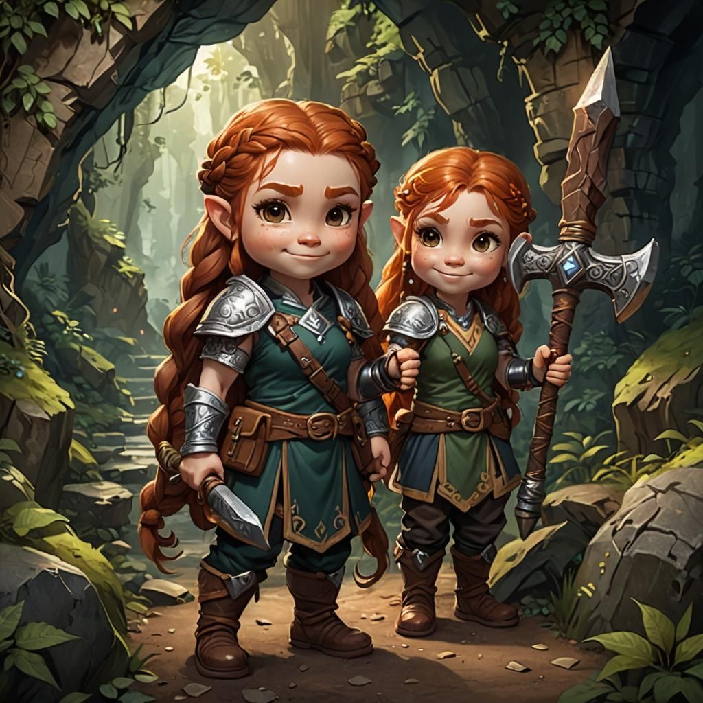 Chibi Dwarf Woman at Forest Cave Entrance