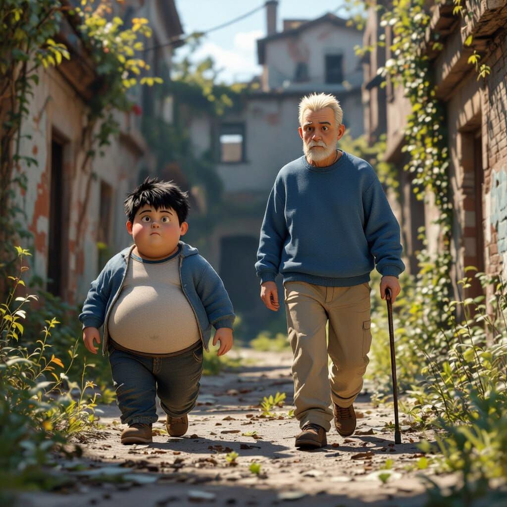 Boys Discover Old Man in Overgrown City