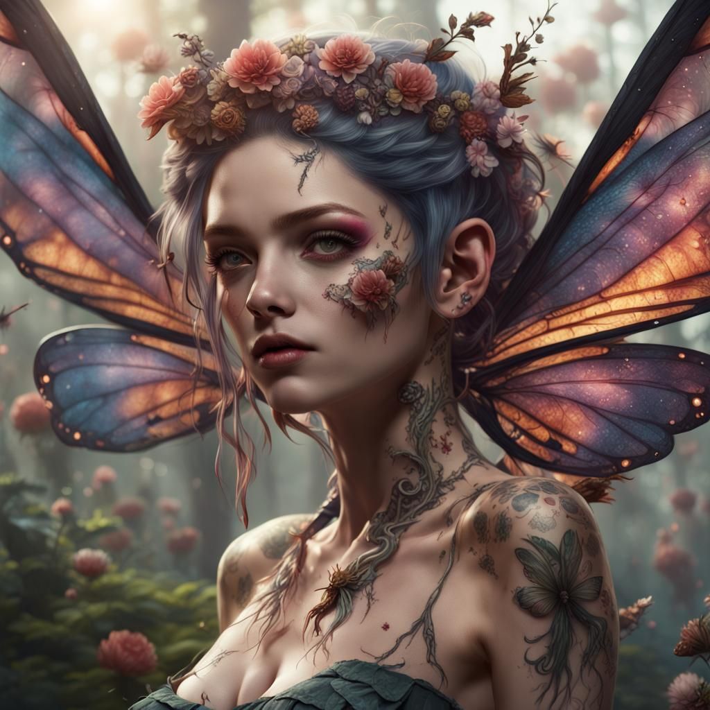 Tattooed Fairy Girl with Insect Wings, Detailed Fantasy Art
