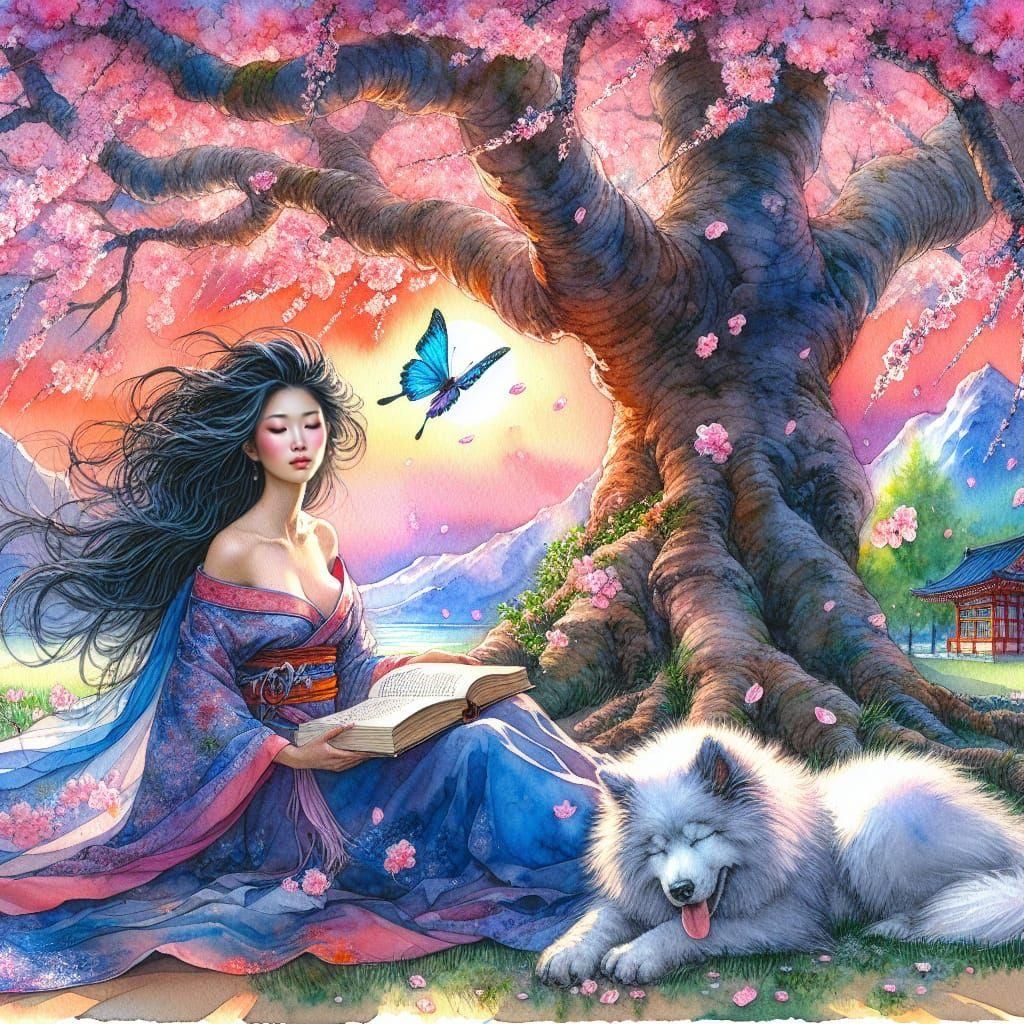 Sakura Tree Scene with Woman in Watercolor and Ink