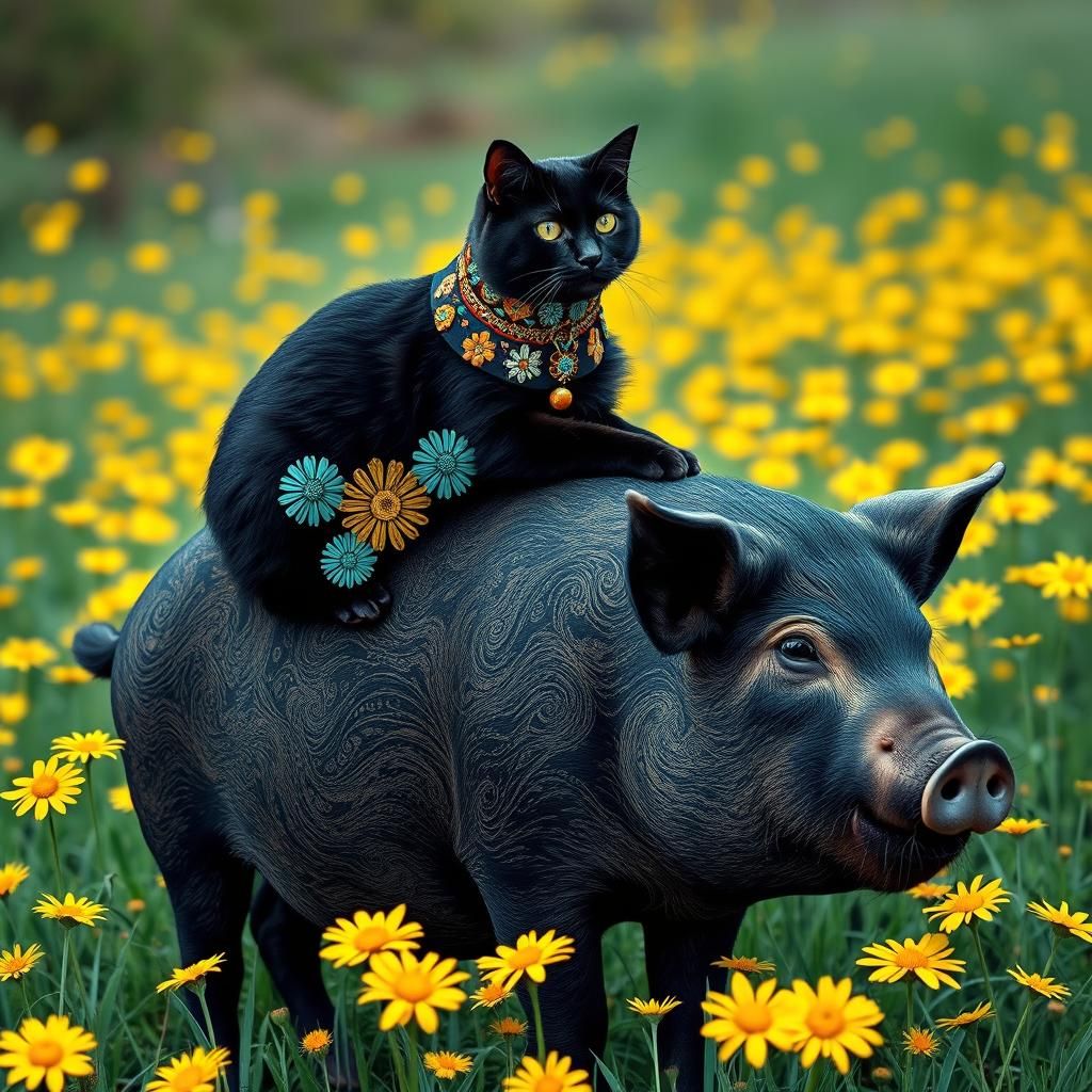 Black Cat Rides Pig in Fractal Daisy Field