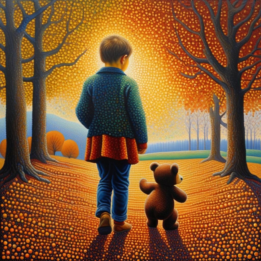 Child with Teddy Bear: A Pointillist Masterpiece