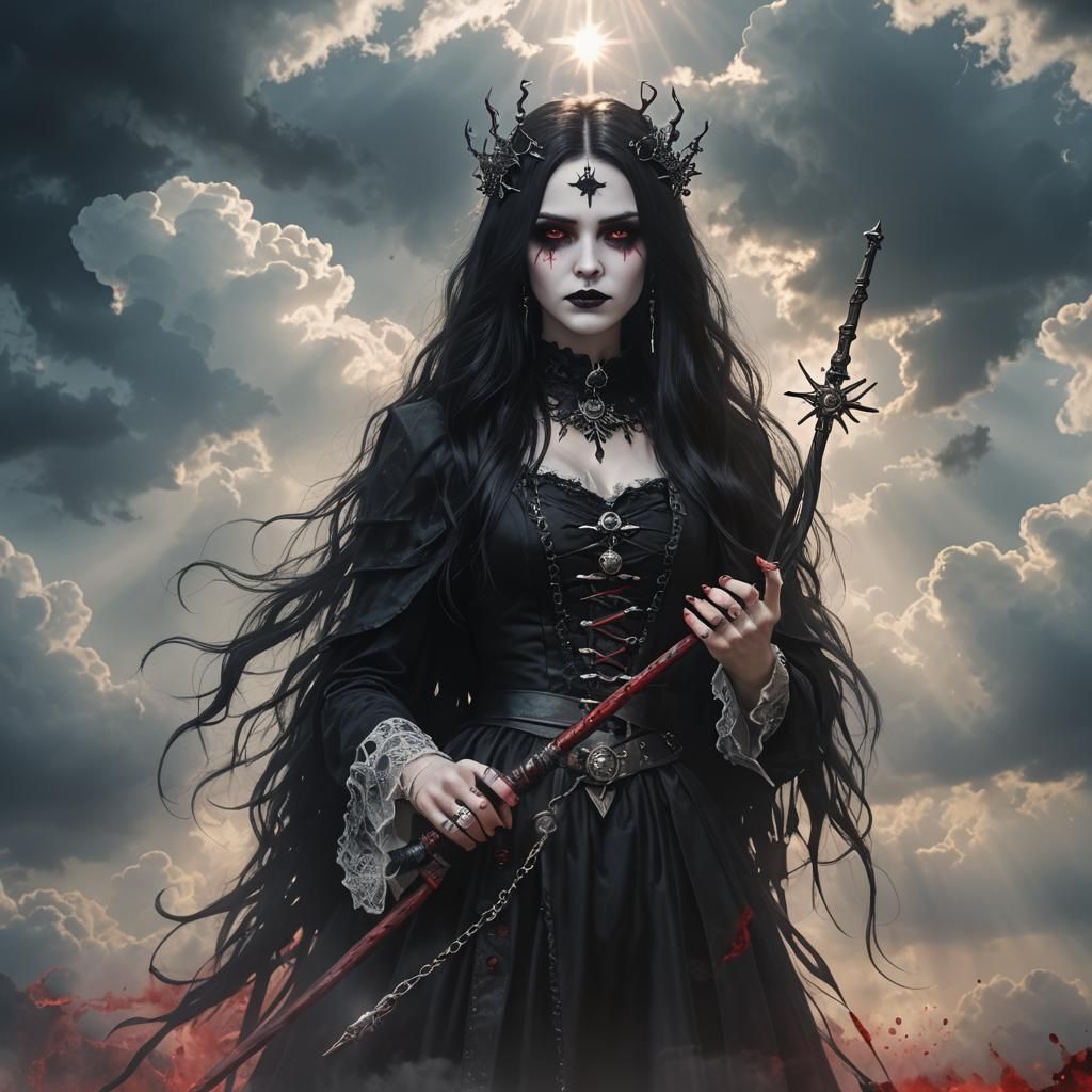 Pretty Goth Blood Witch with Wand in Sunlight