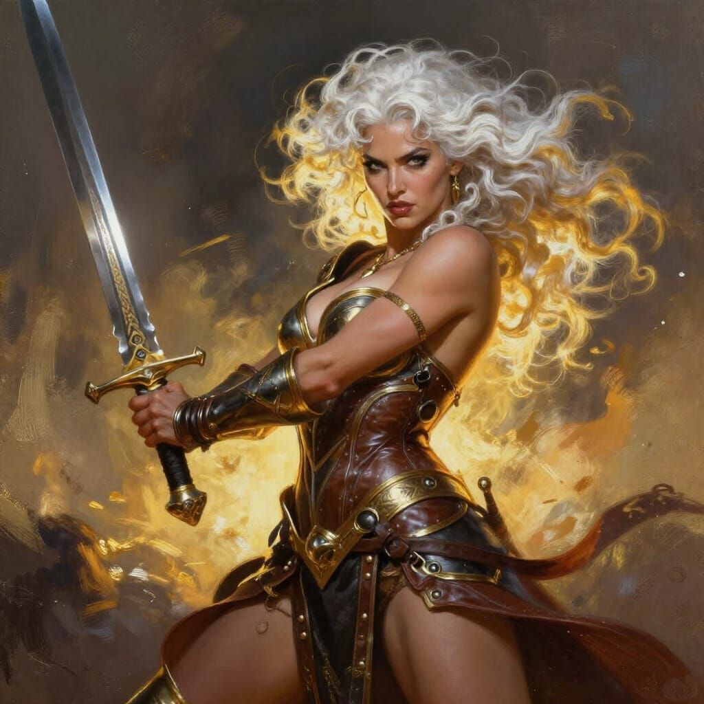 Warrior Woman with Sword in Ornate Armor