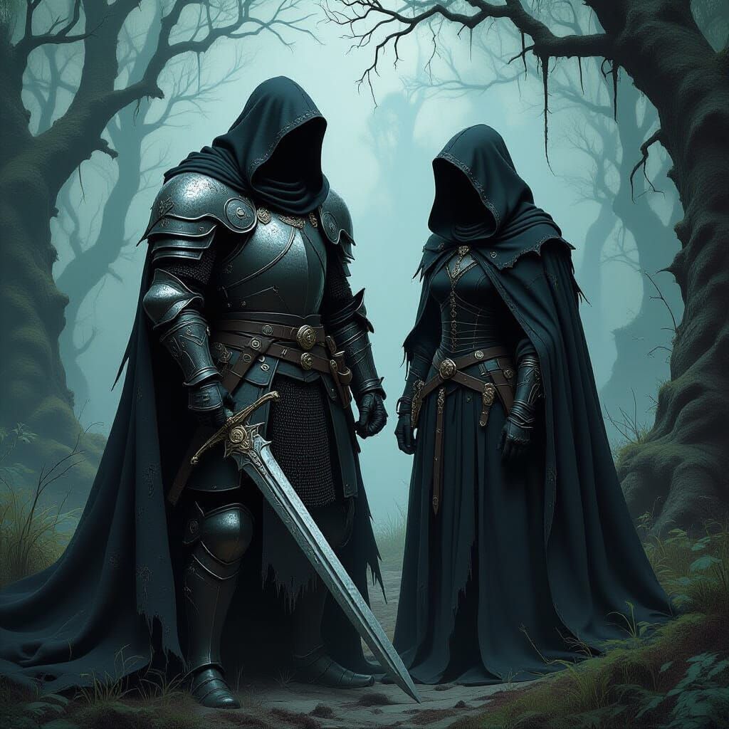 Dark Knight and Necromancer in a Frazetta-style Forest
