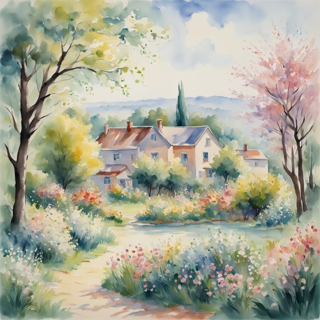 Surreal Spring Village in Soft Watercolor Brushstrokes