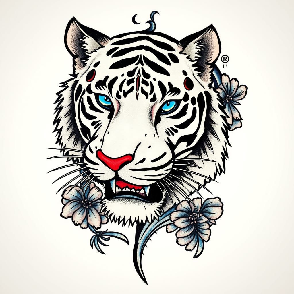 Vintage Sailor Jerry Style Tiger Tattoo with Blue Accents