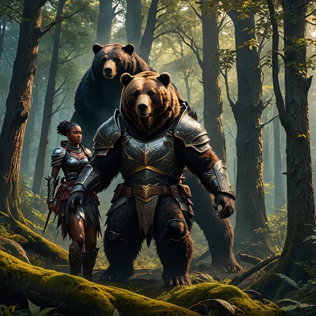 Armored Bear Protects Woman: Fantasy Concept Art