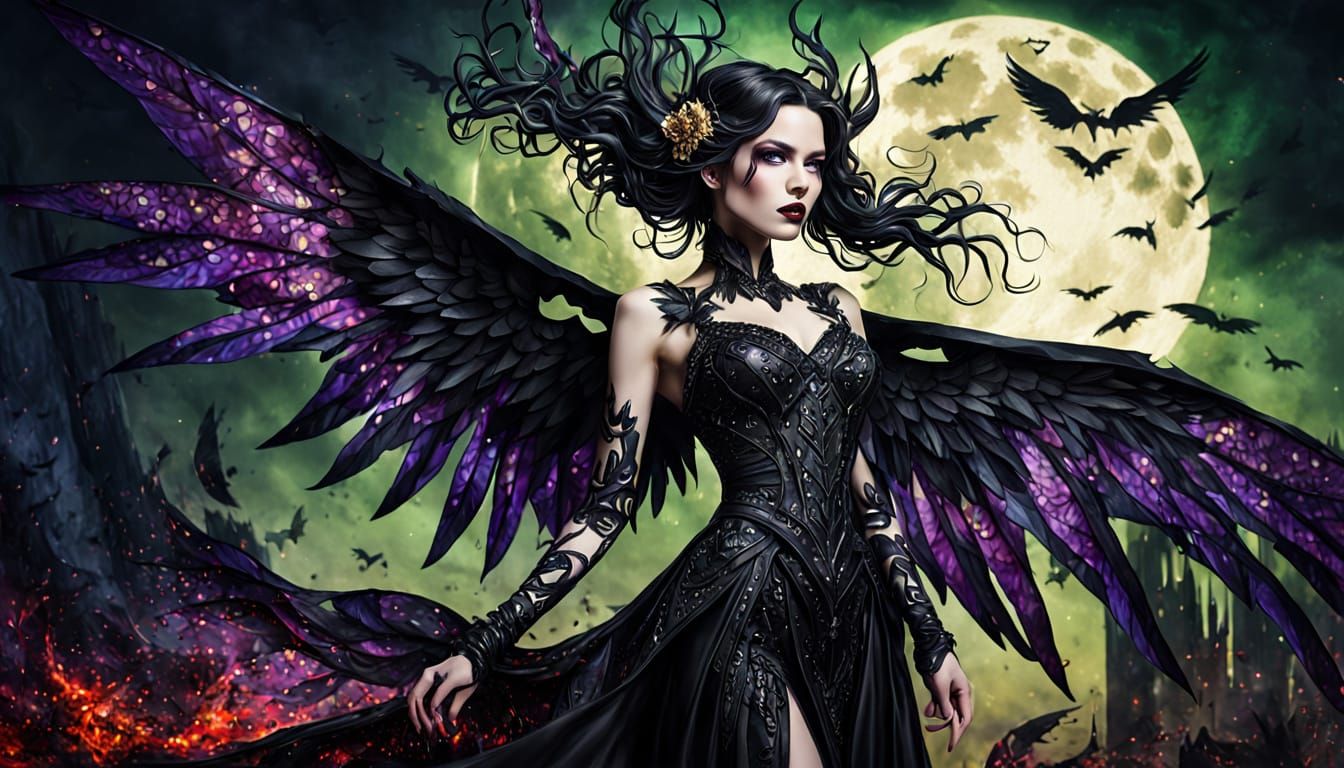 Erinyes with Black Wings in Dark Fantasy Style