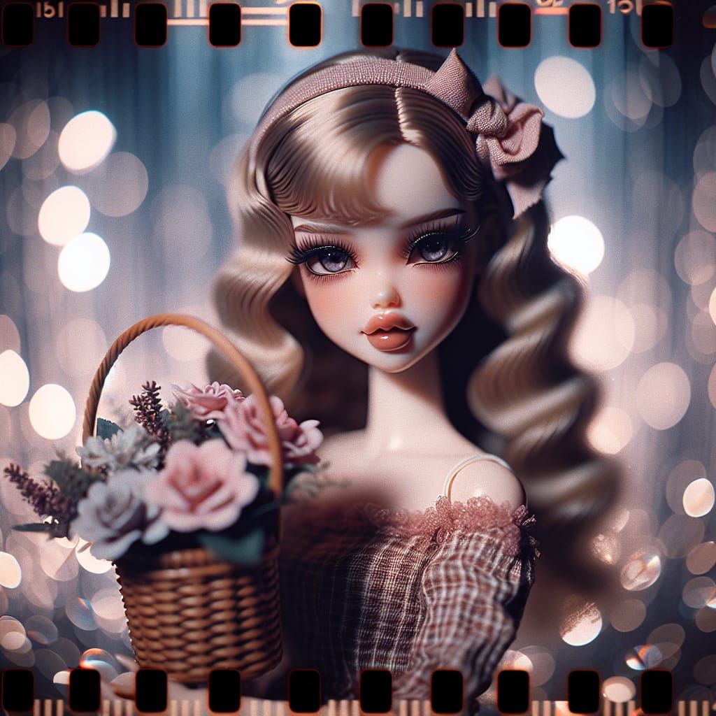 Glamorous Fashion Doll with Flower Basket in a Sparkling Cin...