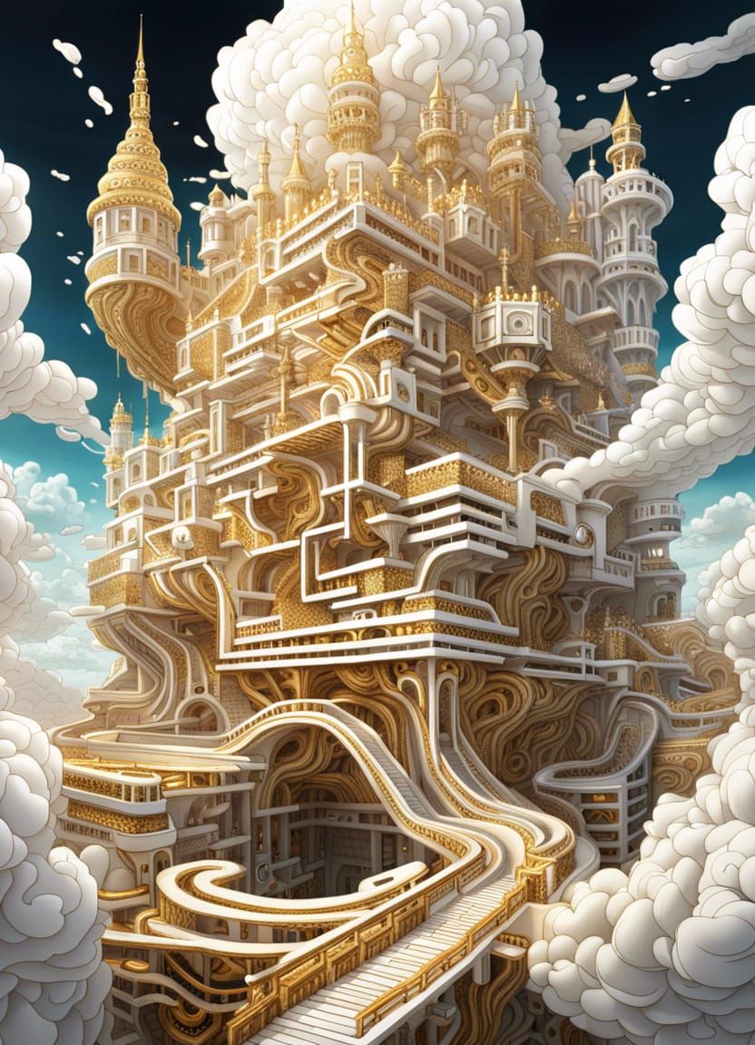 Futuristic Cloud Castle Maze in Hyperrealistic Style