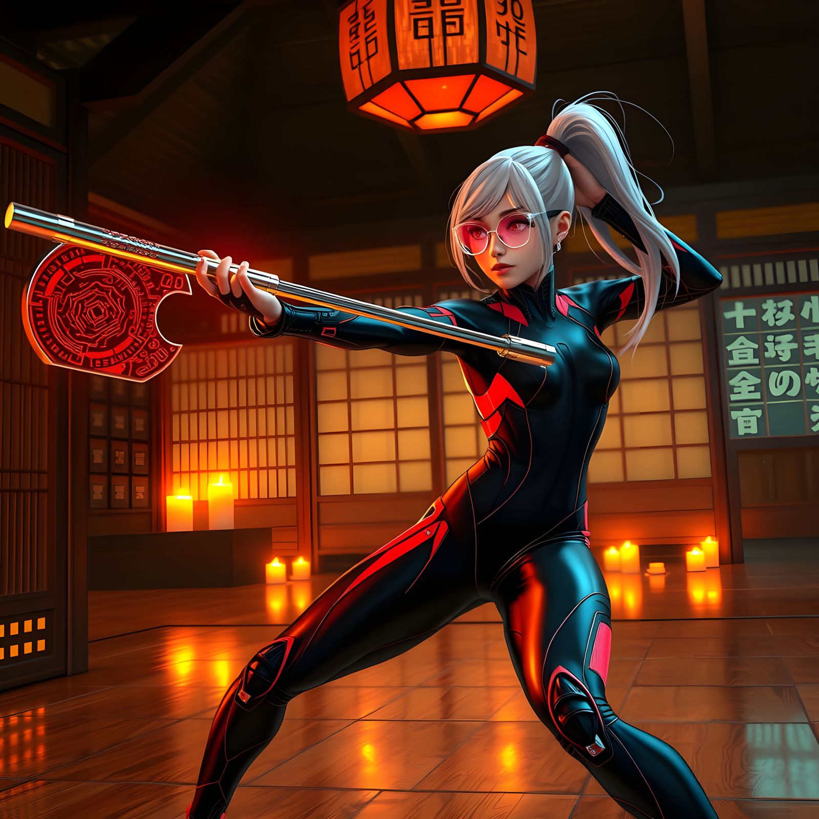 Cyborg Girl in Futuristic Dojo, Training Martial Arts with V...